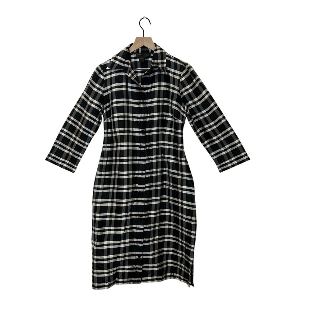 Nina McLemore Silk Shirt Dress Sz S Black White Plaid Tailored Luxe Old money